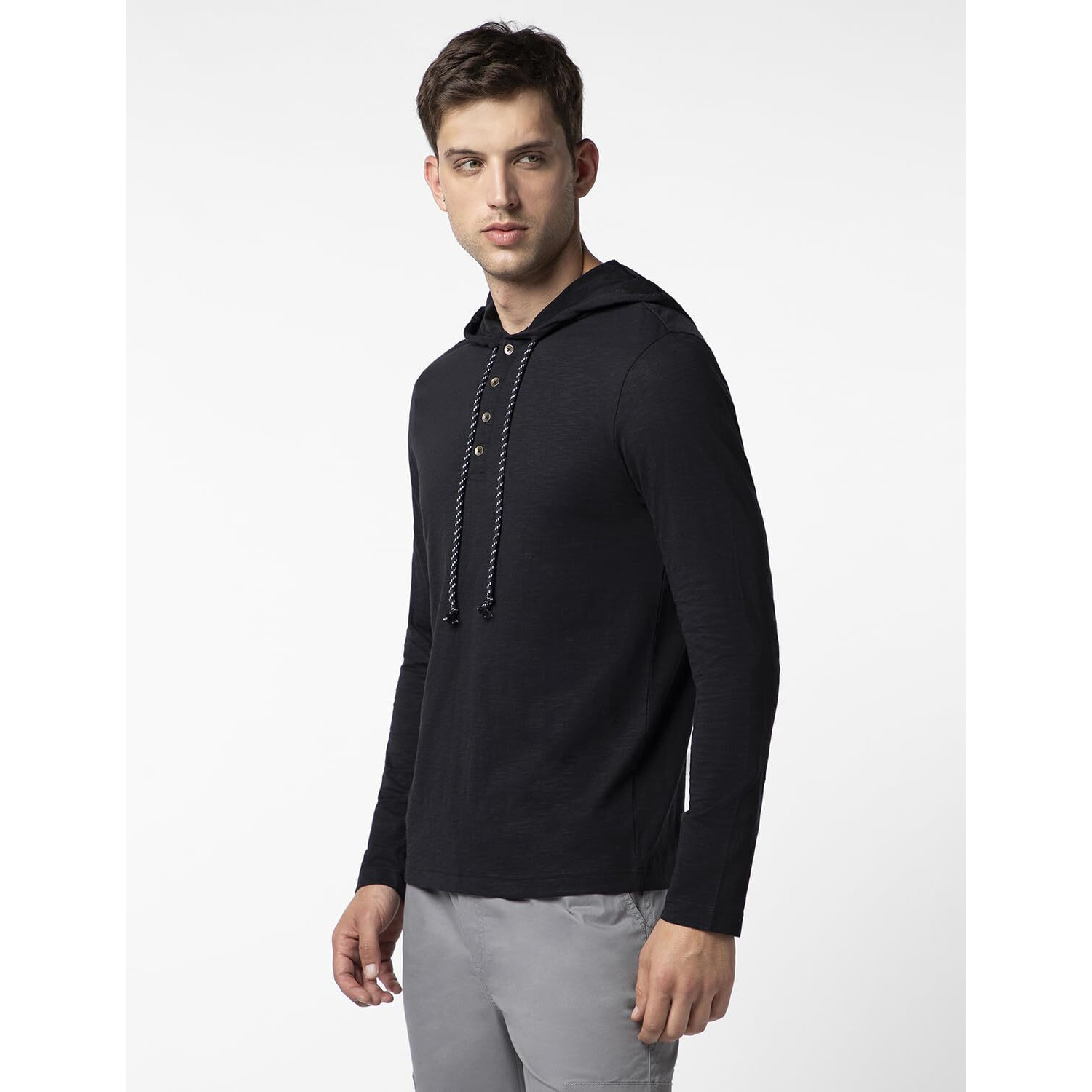 FYLTR Men's Casual Hoodie T-Shirt - Contrast Drawstring | Metal Button Accents | Casual Winterwear for Men