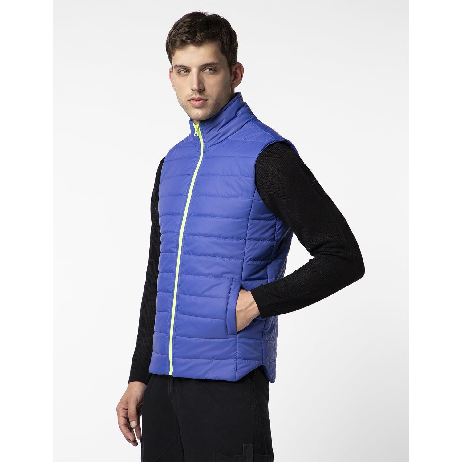 FYLTR Men's Sleeveless Puffer Jacket with Neon Trims - Stand Collar | Full Zipper | Side Pockets | Shaped Hem