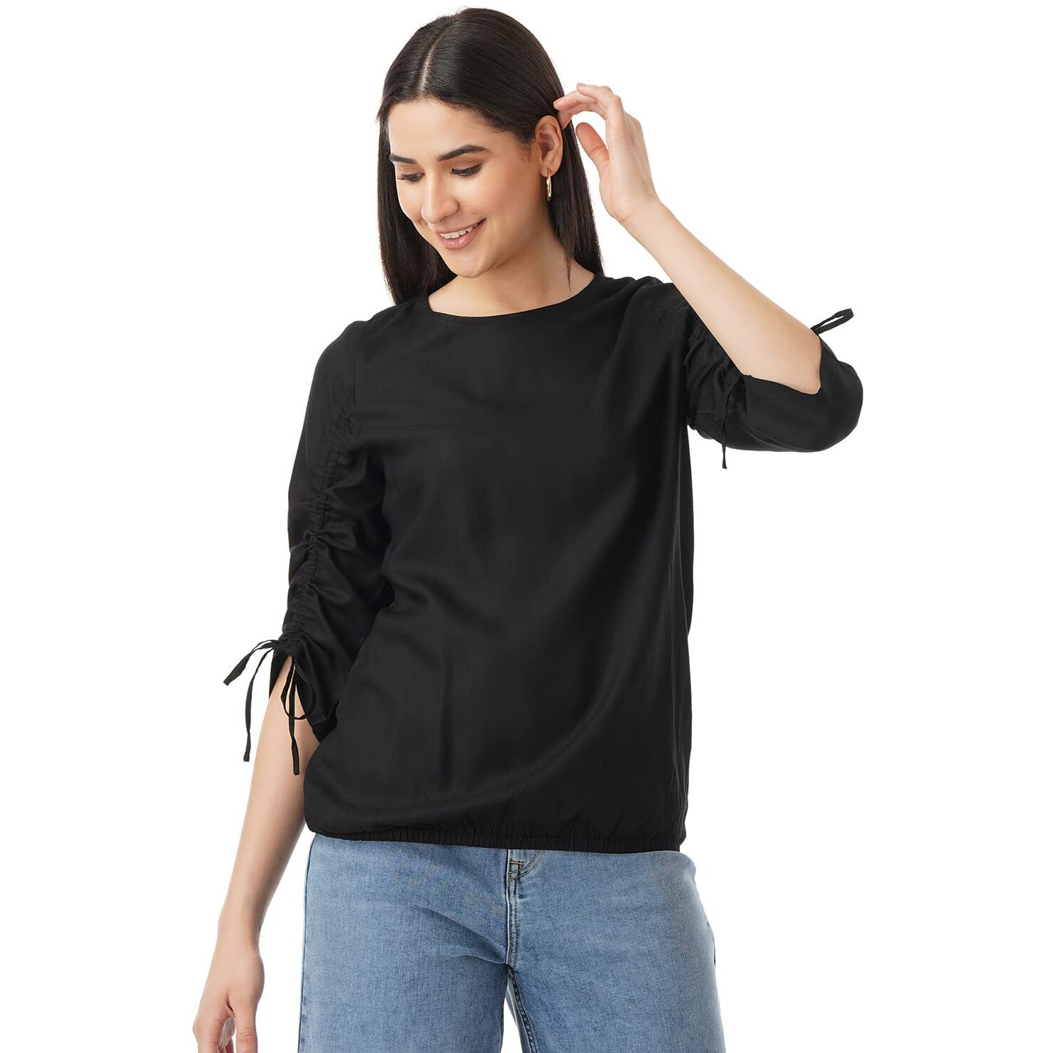 FYLTR Women's Solid Regular Fit Blouse (FYLSS23WB-016_Black Heart S)