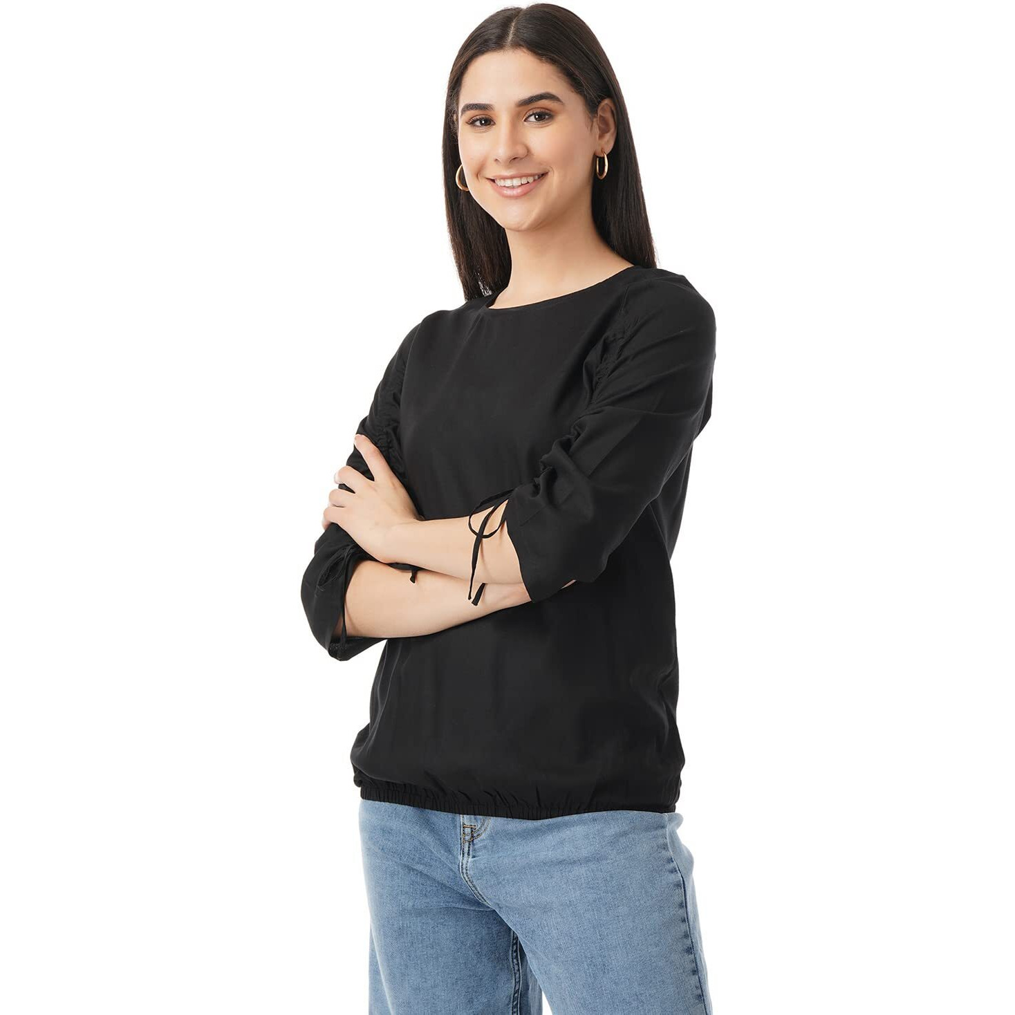 FYLTR Women's Solid Regular Fit Blouse (FYLSS23WB-016_Black Heart S)