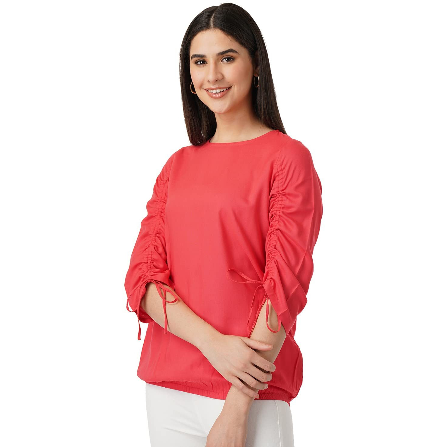 FYLTR Women's Solid Regular Fit Blouse (FYLSS23WB-016_Ruby Red M)