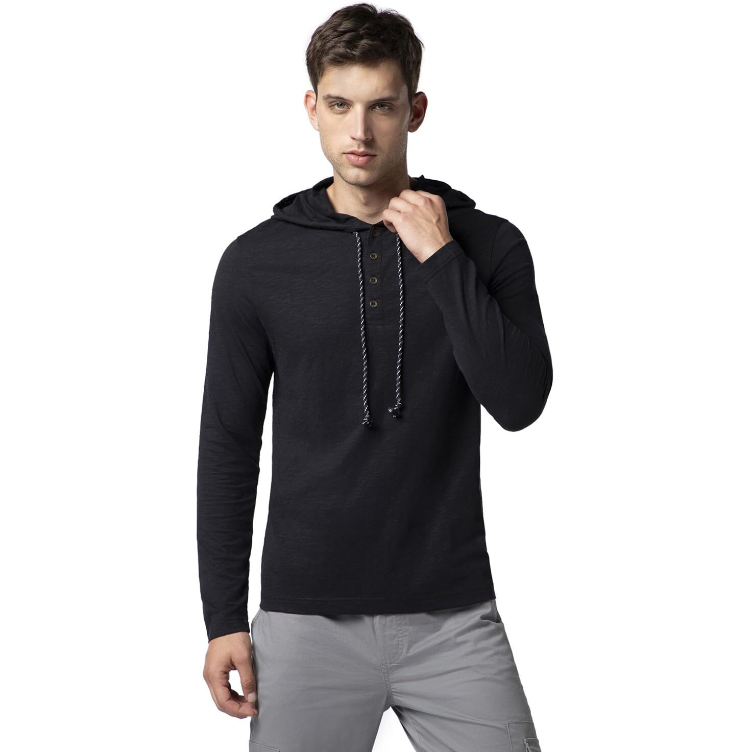 FYLTR Men's Casual Hoodie T-Shirt - Contrast Drawstring | Metal Button Accents | Casual Winterwear for Men