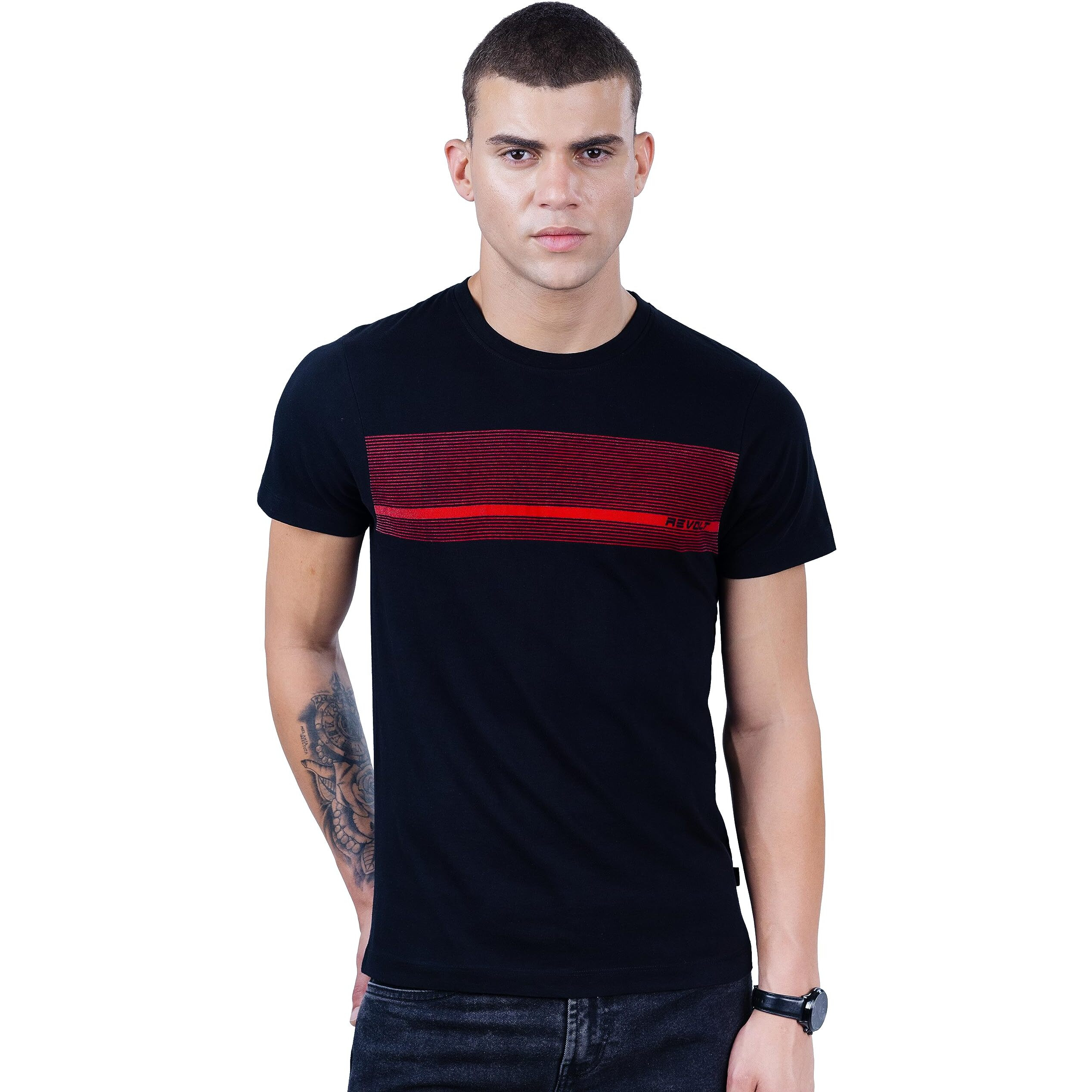 REVOLT Solid Slim Fit Men's Casual Round Neck 100% Cotton T-Shirt-with Graphic Print, Logo Branding (Jet Black, S) (REVSS23-TEE-002
