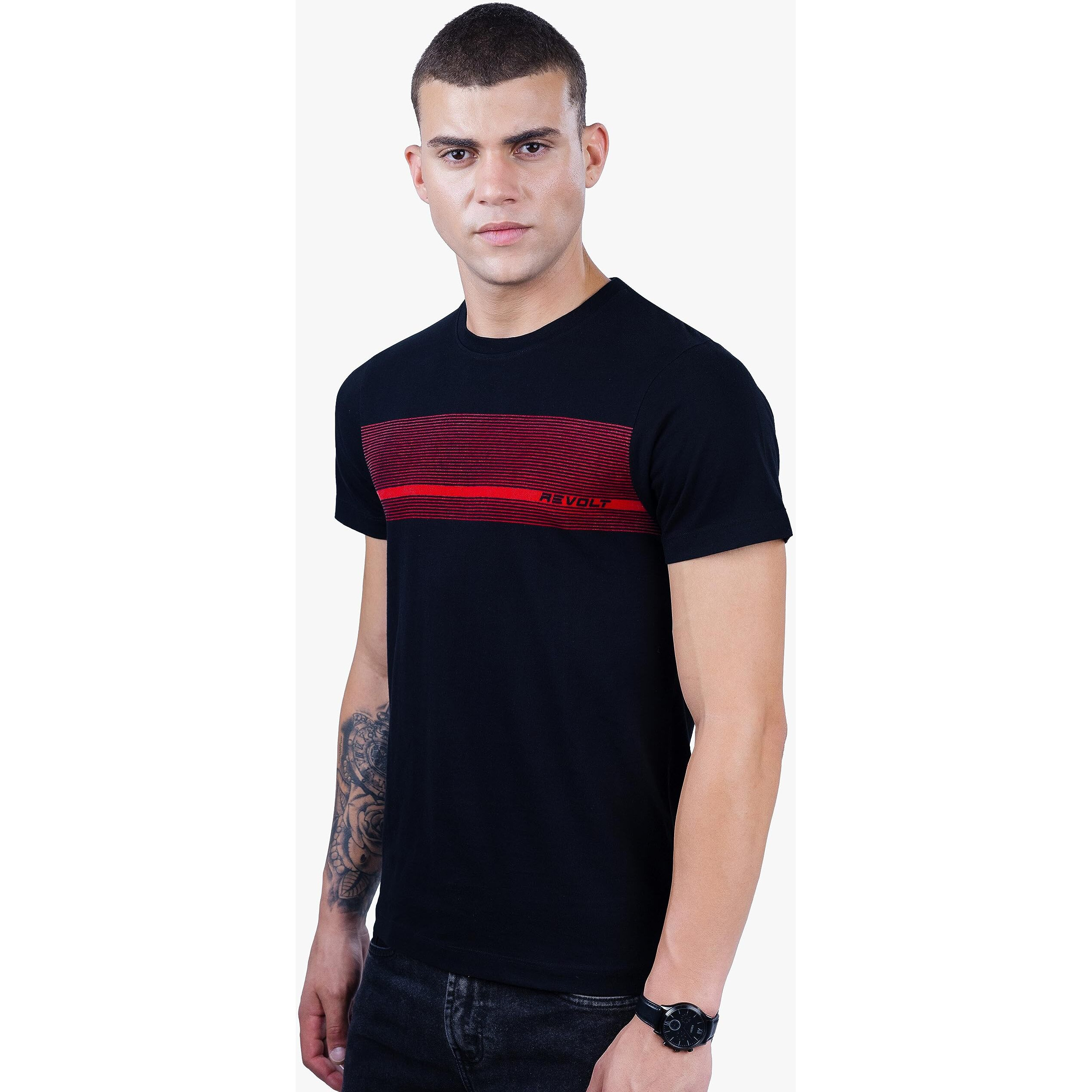 REVOLT Solid Slim Fit Men's Casual Round Neck 100% Cotton T-Shirt-with Graphic Print, Logo Branding (Jet Black, S) (REVSS23-TEE-002