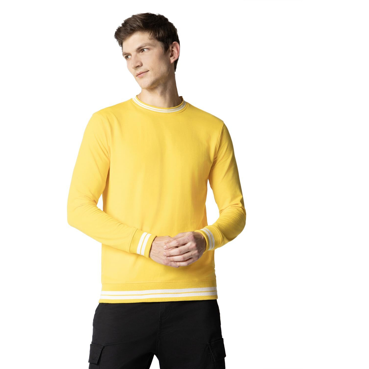 FYLTR Men's Crewneck Sweatshirt with Stripe Rib Detail - Full Sleeve | Utility Pockets | Casual Winterwear for Men Mellow Yellow
