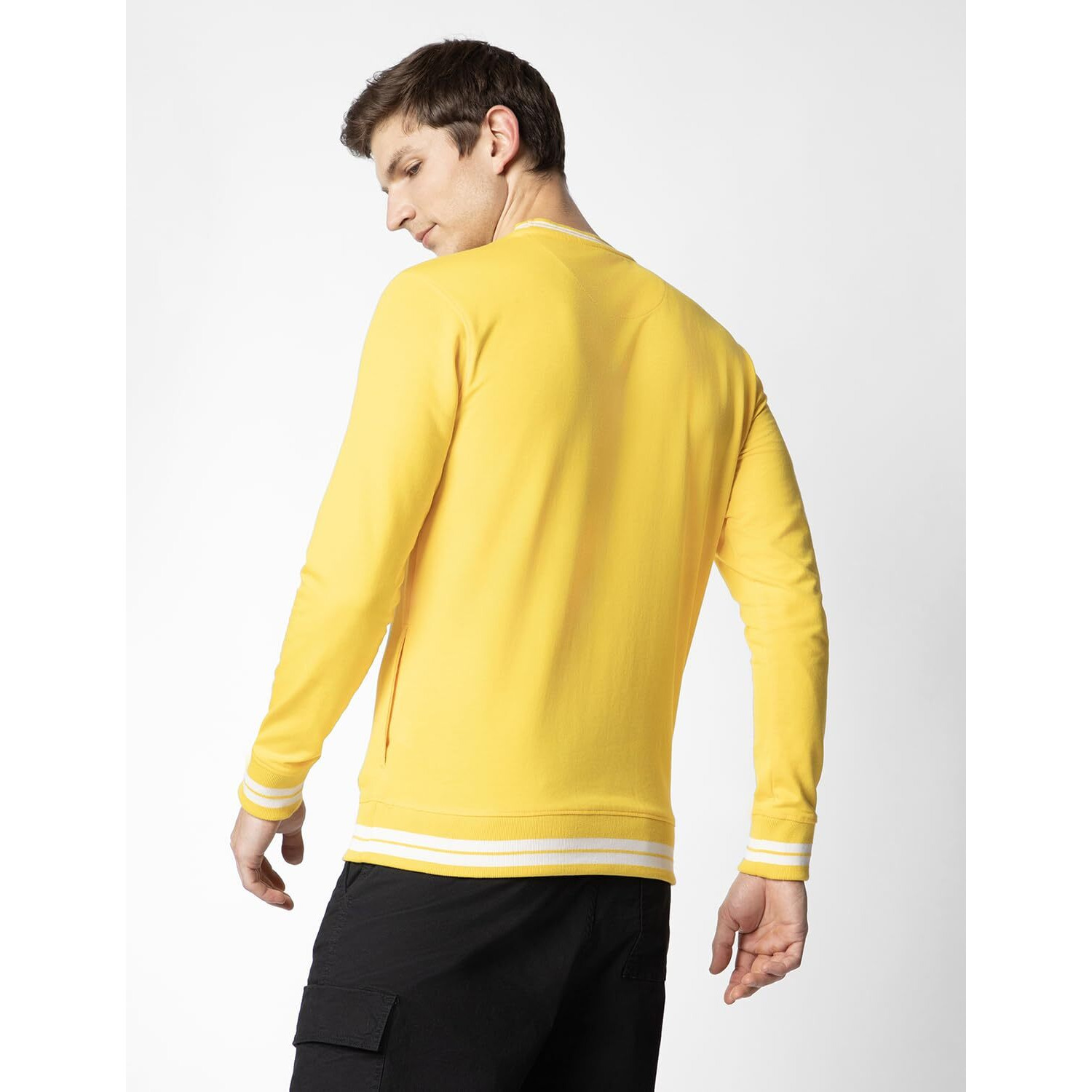 FYLTR Men's Crewneck Sweatshirt with Stripe Rib Detail - Full Sleeve | Utility Pockets | Casual Winterwear for Men Mellow Yellow