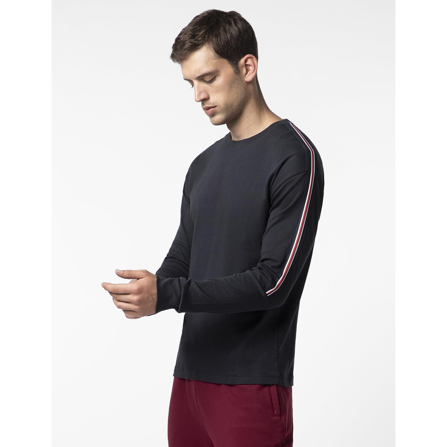 FYLTR Men's Casual Drop Shoulder Full Sleeve T-Shirt with Knitted Tape Sleeve Detail