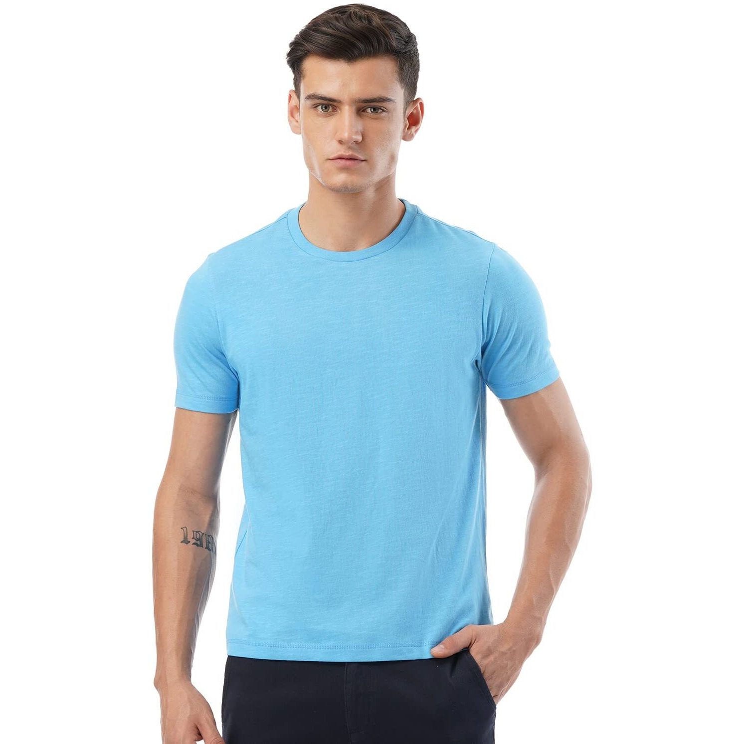 FYLTR Men's Solid Regular Fit T-Shirt (FYLSS23MTS-011_You Blue XL)