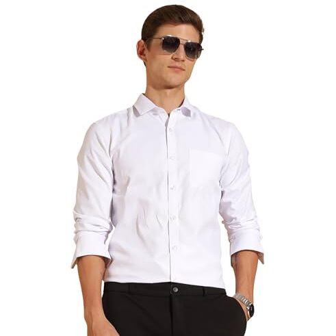 FYLTR Men's Slim Fit Shirt - Dobby Self Design | Full Sleeve | Functional Patch Pocket | White Formal Shirts for Men