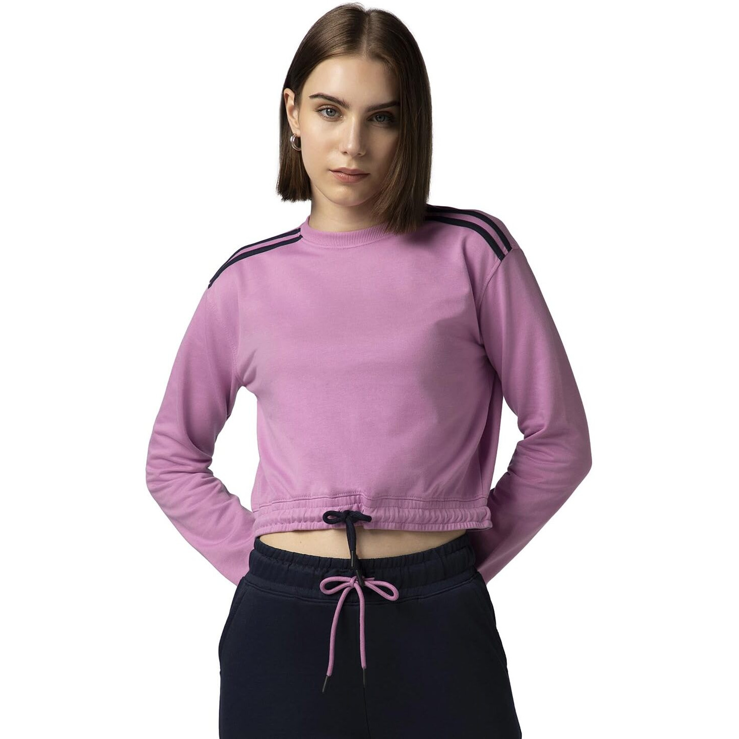 FYLTR Women's Round Neck Drop Shoulder Sweatshirt - Full Sleeve | Elasticated Waist & Cuff | Boxy Fit | Stripe Detailing
