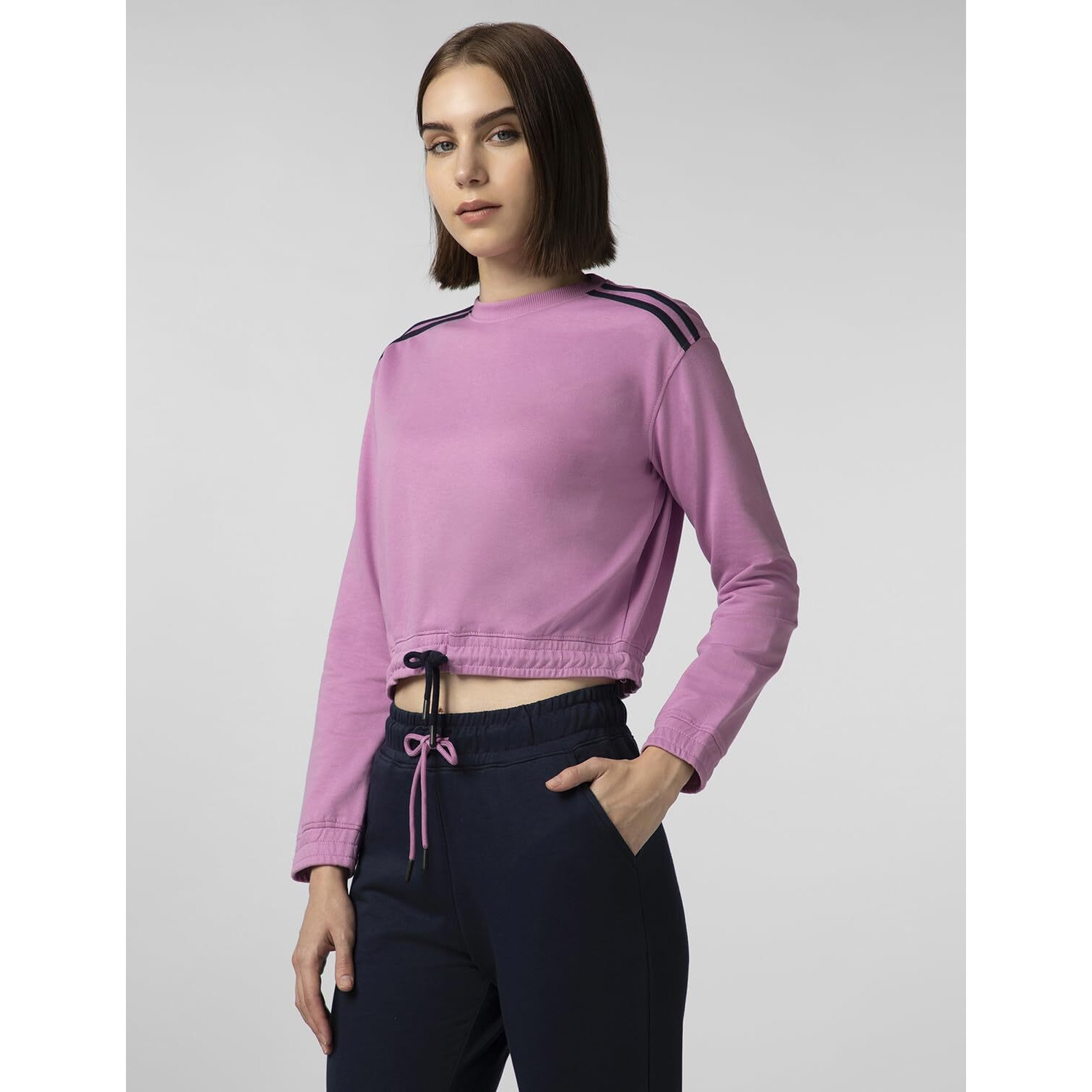 FYLTR Women's Round Neck Drop Shoulder Sweatshirt - Full Sleeve | Elasticated Waist & Cuff | Boxy Fit | Stripe Detailing