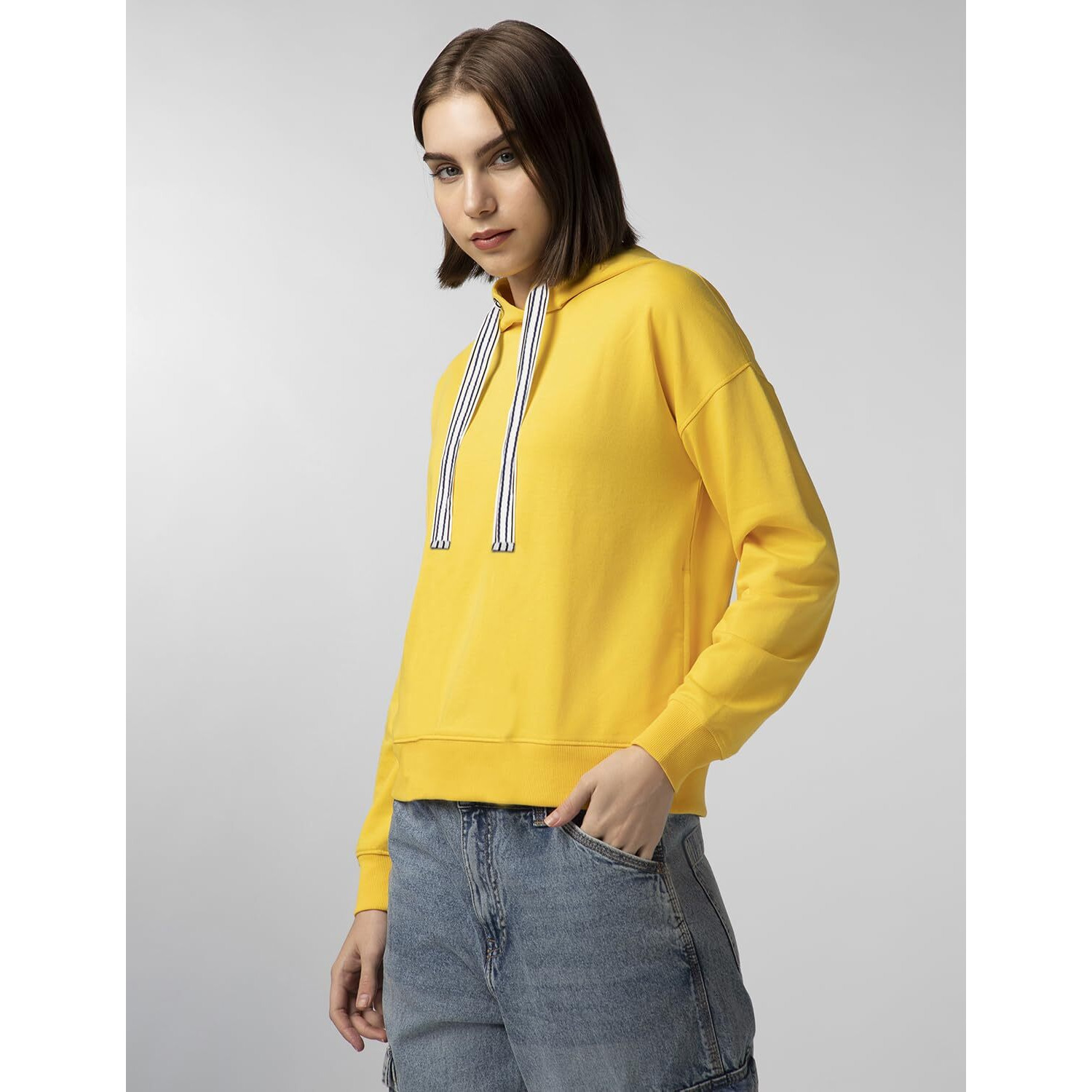 FYLTR Women's Casual Hoodie with Stripe Tape - Rib Hem & Cuff | Drop Shoulder | Casual Winterwear for Women Mellow Yellow