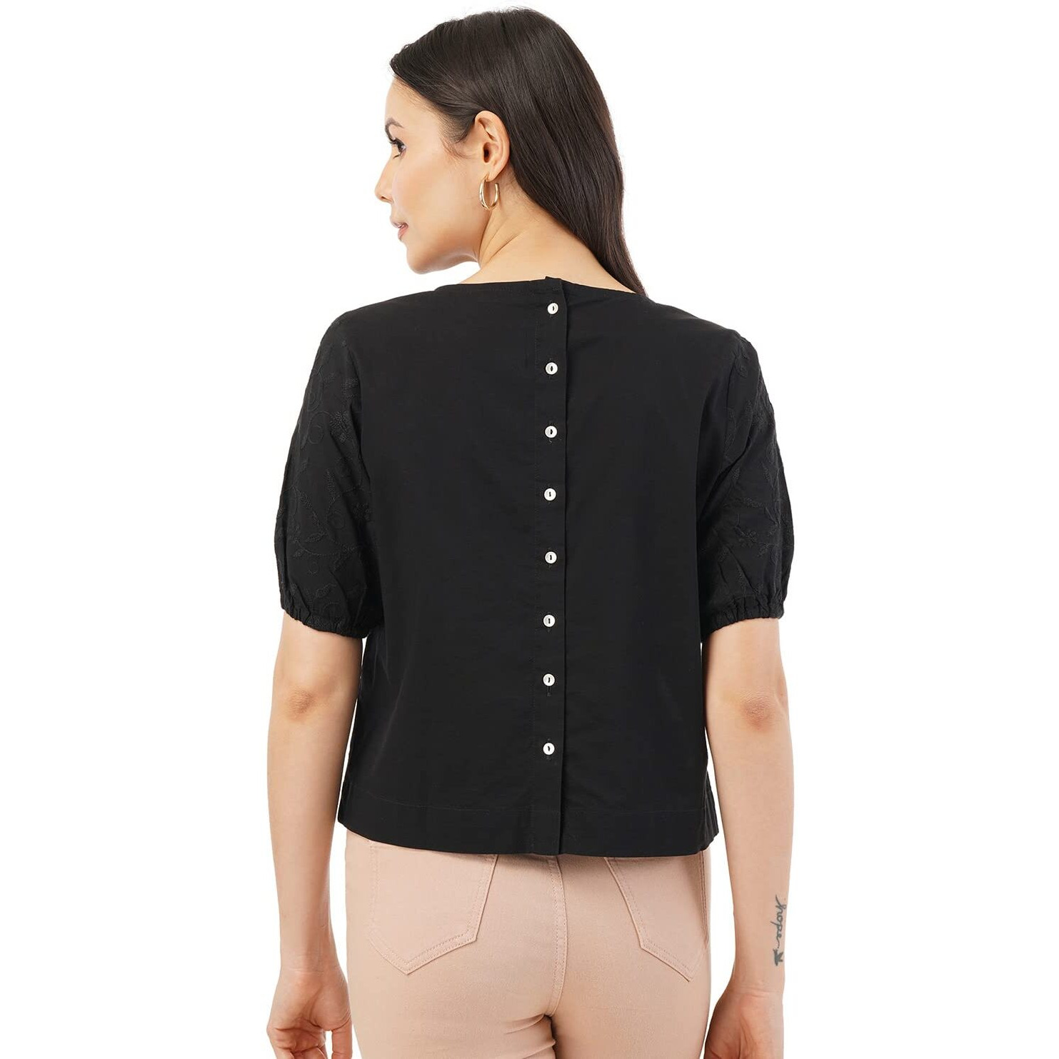 FYLTR Women's Solid Regular Fit Blouse (FYLSS23WB-010_Black Heart S)