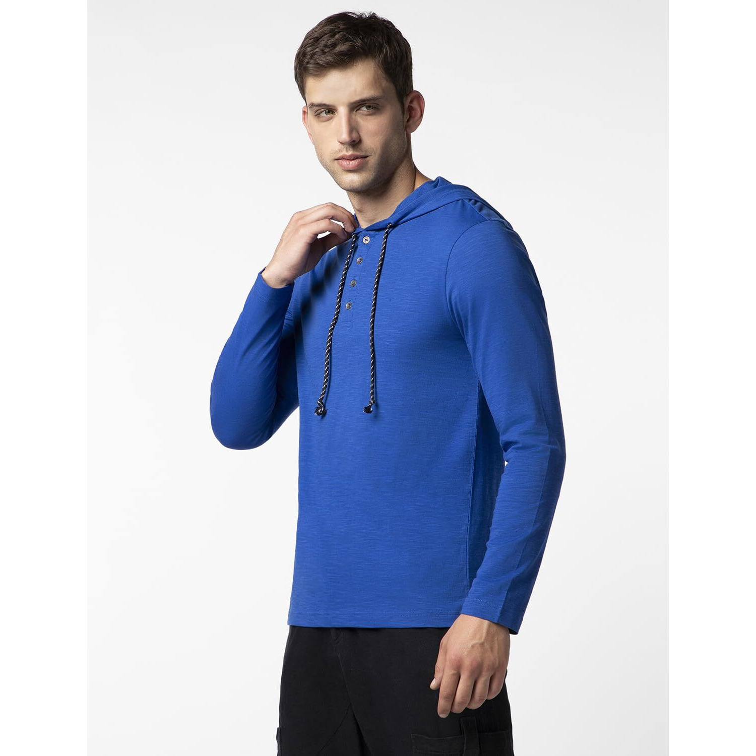 FYLTR Men's Casual Hoodie T-Shirt - Contrast Drawstring | Metal Button Accents | Casual Winterwear for Men