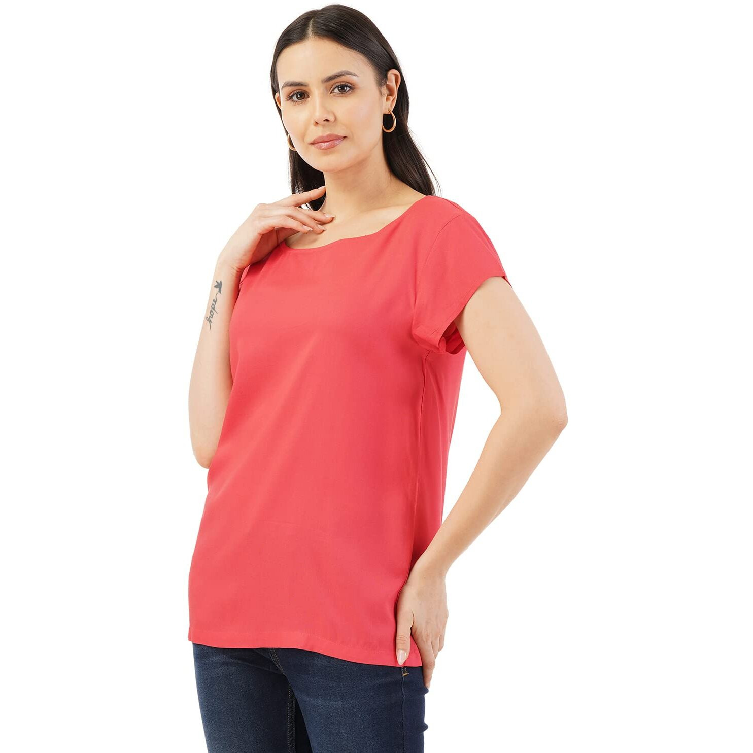 FYLTR Women's Solid Regular Fit Blouse (FYLSS23WB-017_Ruby Red L)