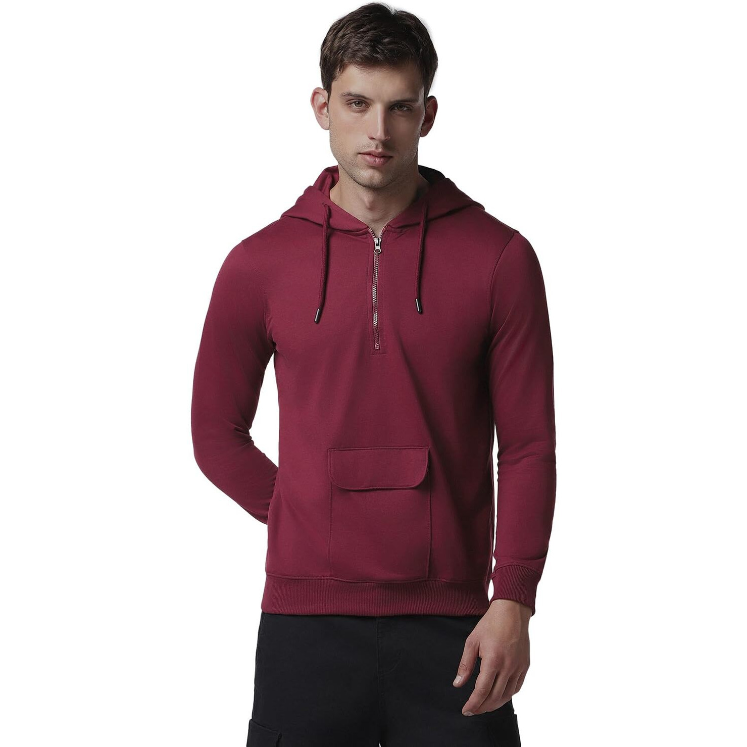 FYLTR Men's Casual Full Sleeve Hoodie with Drawstring - Half Zip Closure | Utility Pocket with Flap | Casual Winterwear for Men