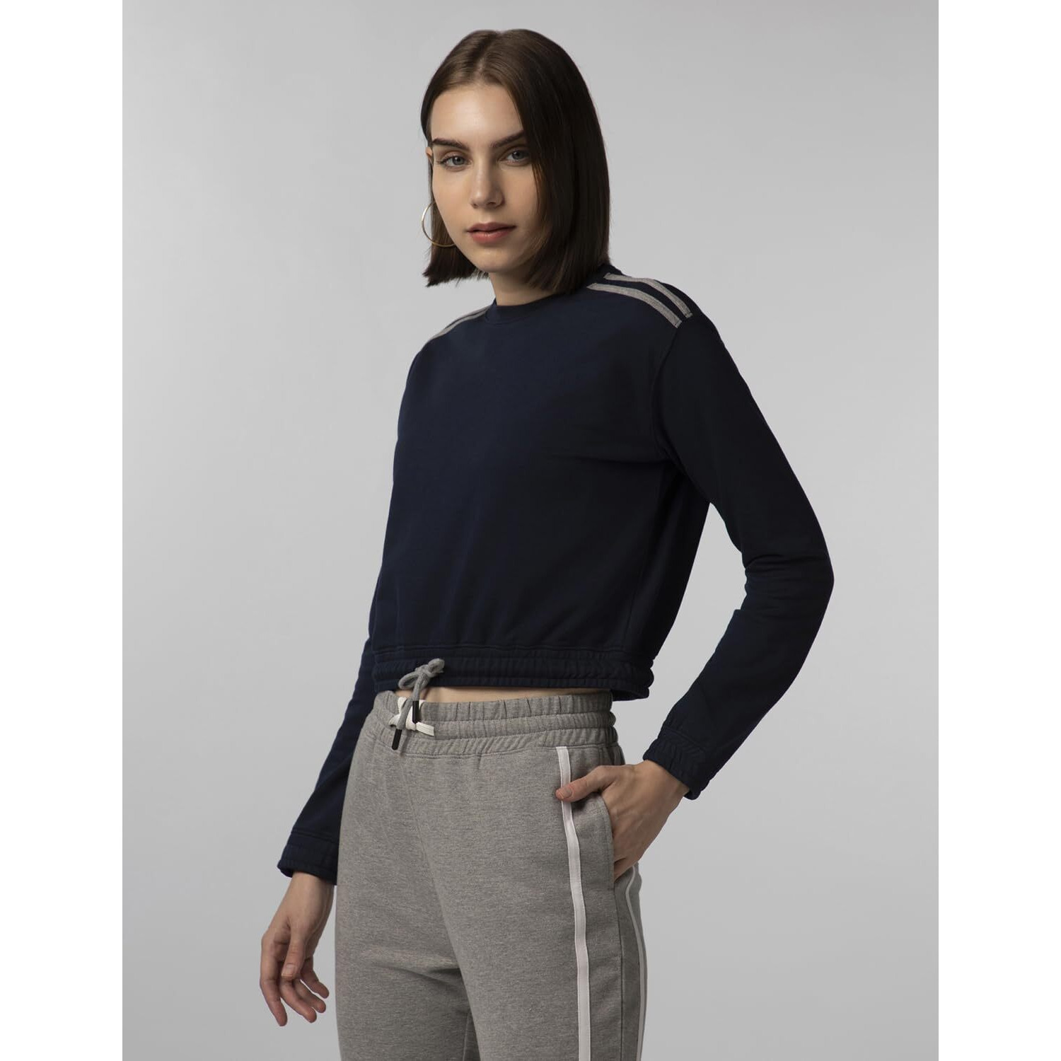 FYLTR Women's Round Neck Drop Shoulder Sweatshirt - Full Sleeve | Elasticated Waist & Cuff | Boxy Fit | Stripe Detailing