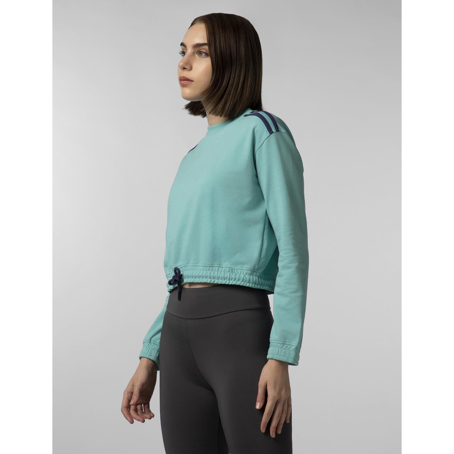 FYLTR Women's Round Neck Drop Shoulder Sweatshirt - Full Sleeve | Elasticated Waist & Cuff | Boxy Fit | Stripe Detailing Tropical Teal