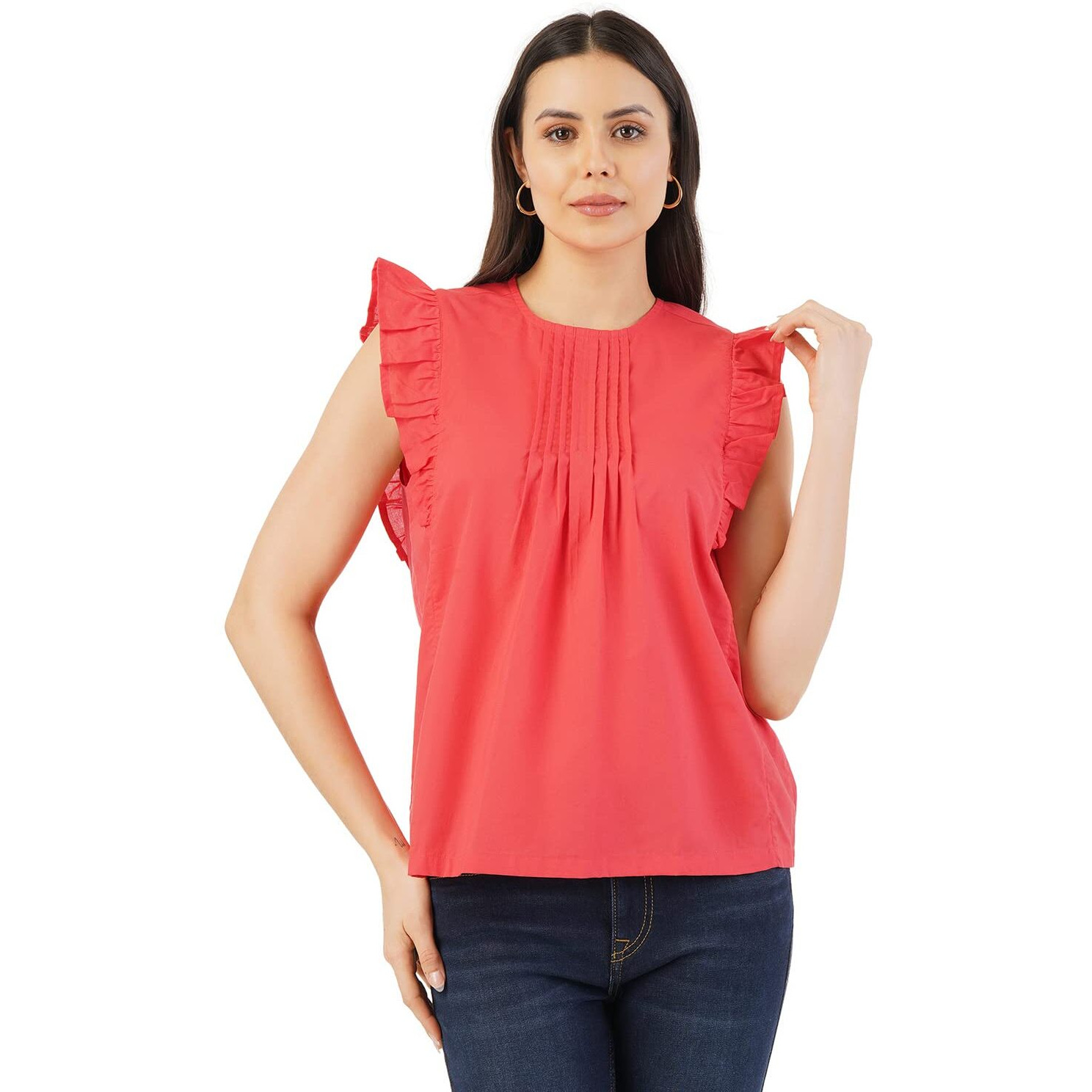 FYLTR Women's Solid Regular Fit Blouse (FYLSS23WB-011_Ruby Red S)