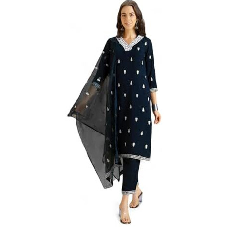 Kaari Rayon Staple 3 PCS Women Kurta Set (KAAAW24WSKD-82024_Indigo Navy _2XL)