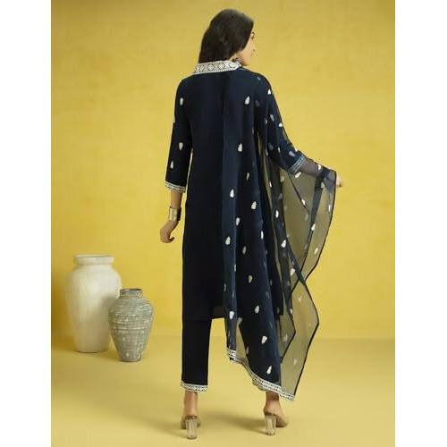 Kaari Rayon Staple 3 PCS Women Kurta Set (KAAAW24WSKD-82024_Indigo Navy _2XL)