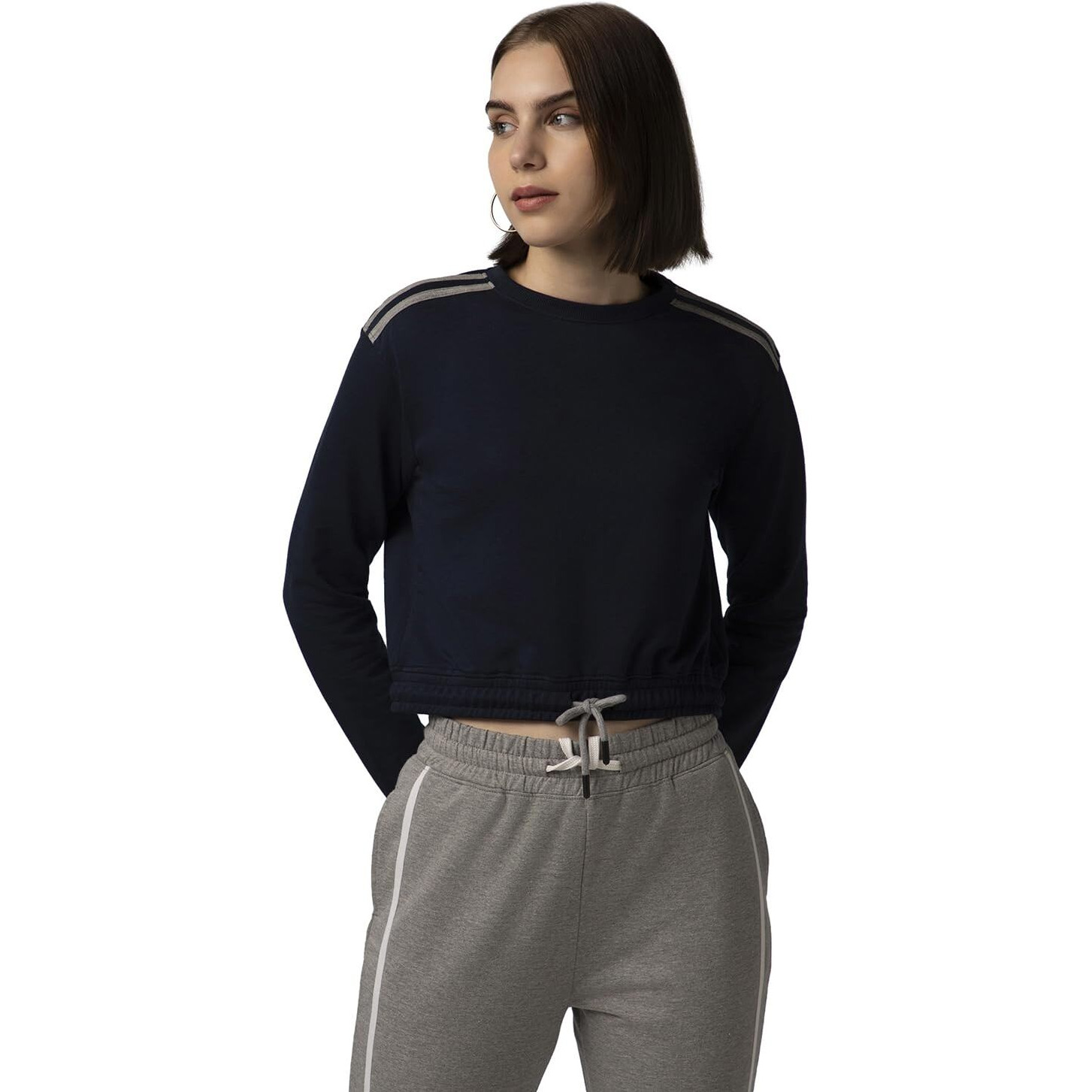 FYLTR Women's Round Neck Drop Shoulder Sweatshirt - Full Sleeve | Elasticated Waist & Cuff | Boxy Fit | Stripe Detailing