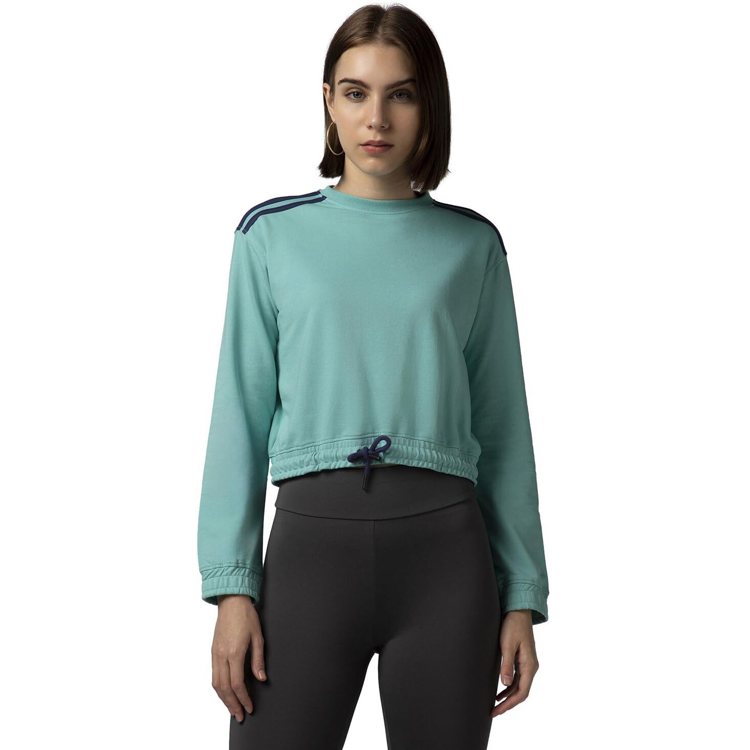 FYLTR Women's Round Neck Drop Shoulder Sweatshirt - Full Sleeve | Elasticated Waist & Cuff | Boxy Fit | Stripe Detailing Tropical Teal