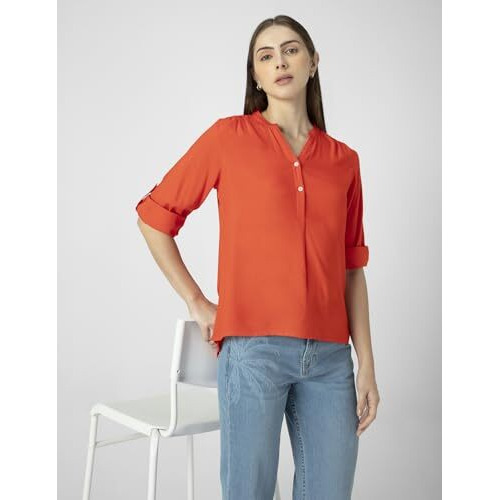 FYLTR Women's Checkered Regular Fit Blouse (FYLAW23WB-002_Marigold Glow S)