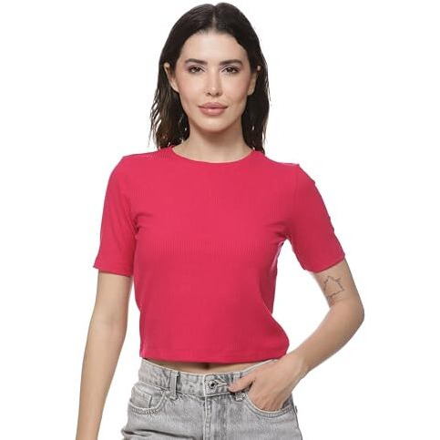 FYLTR Women's Regular Fit T Shirt (FYLSS25WKT-1010_Fuchsia Pink