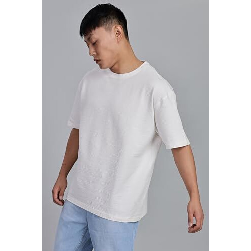 FYLTR Men's Solid Fit Oversized T-Shirt (FYLSS25MTS-303_Vanilla Bean
