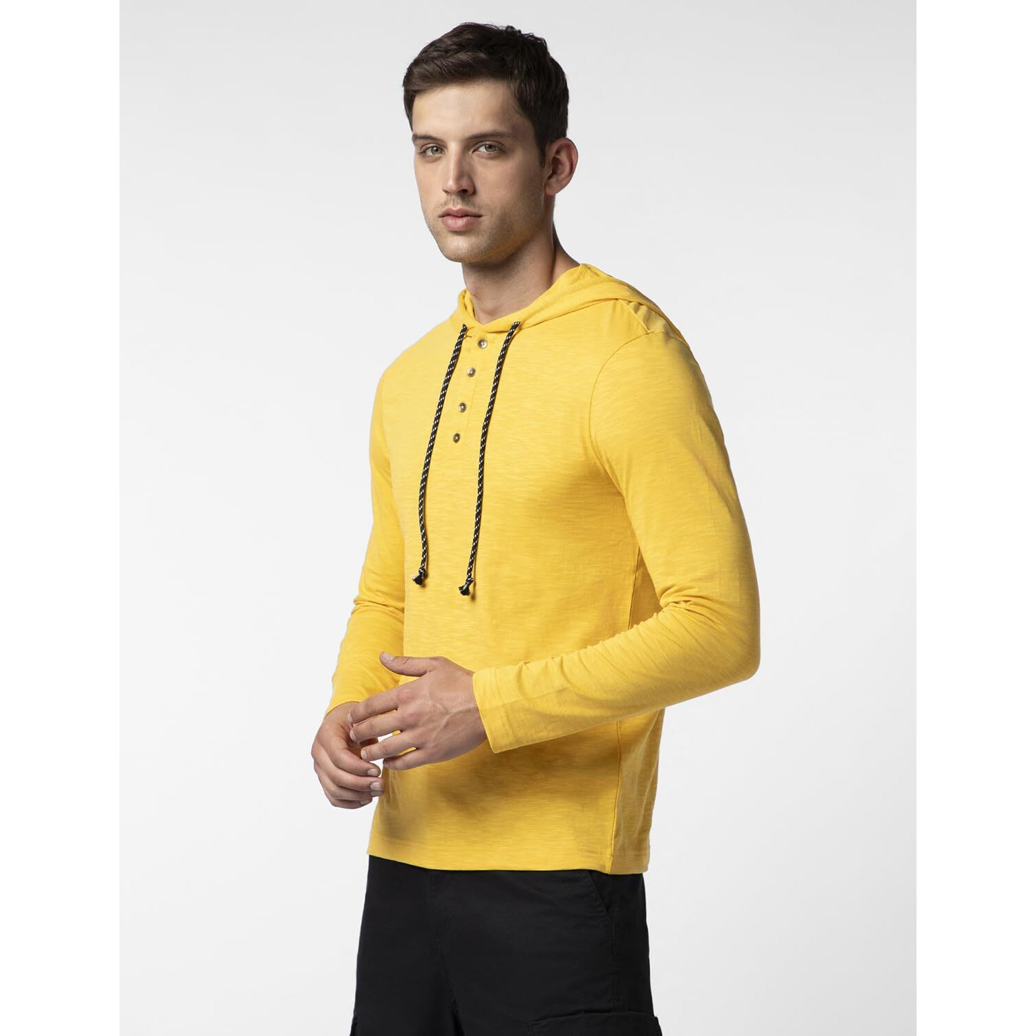 FYLTR Men's Casual Hoodie T-Shirt - Contrast Drawstring | Metal Button Accents | Casual Winterwear for Men Mellow Yellow
