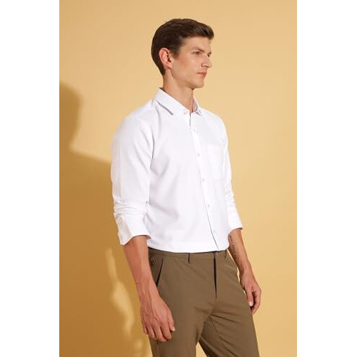 FYLTR Mens Slim Fit Shirt - Dobby Self Design | Full Sleeve | Functional Patch Pocket | White Formal Shirts for Men