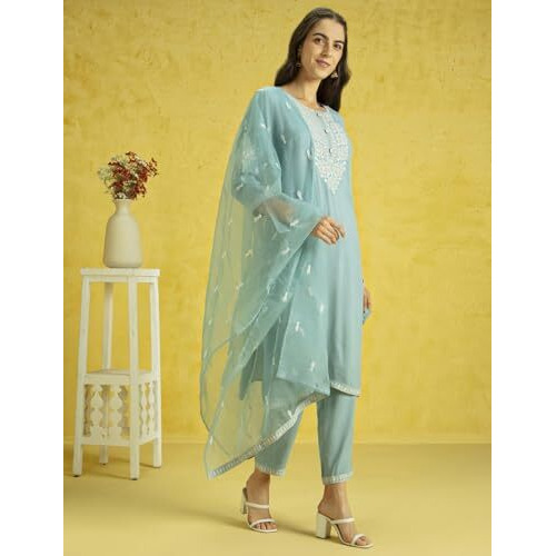 Kaari Rayon Staple 3 PCS Women Kurta Set (KAAAW24WSKD-82022_Indian Ocean Blue_2XL)
