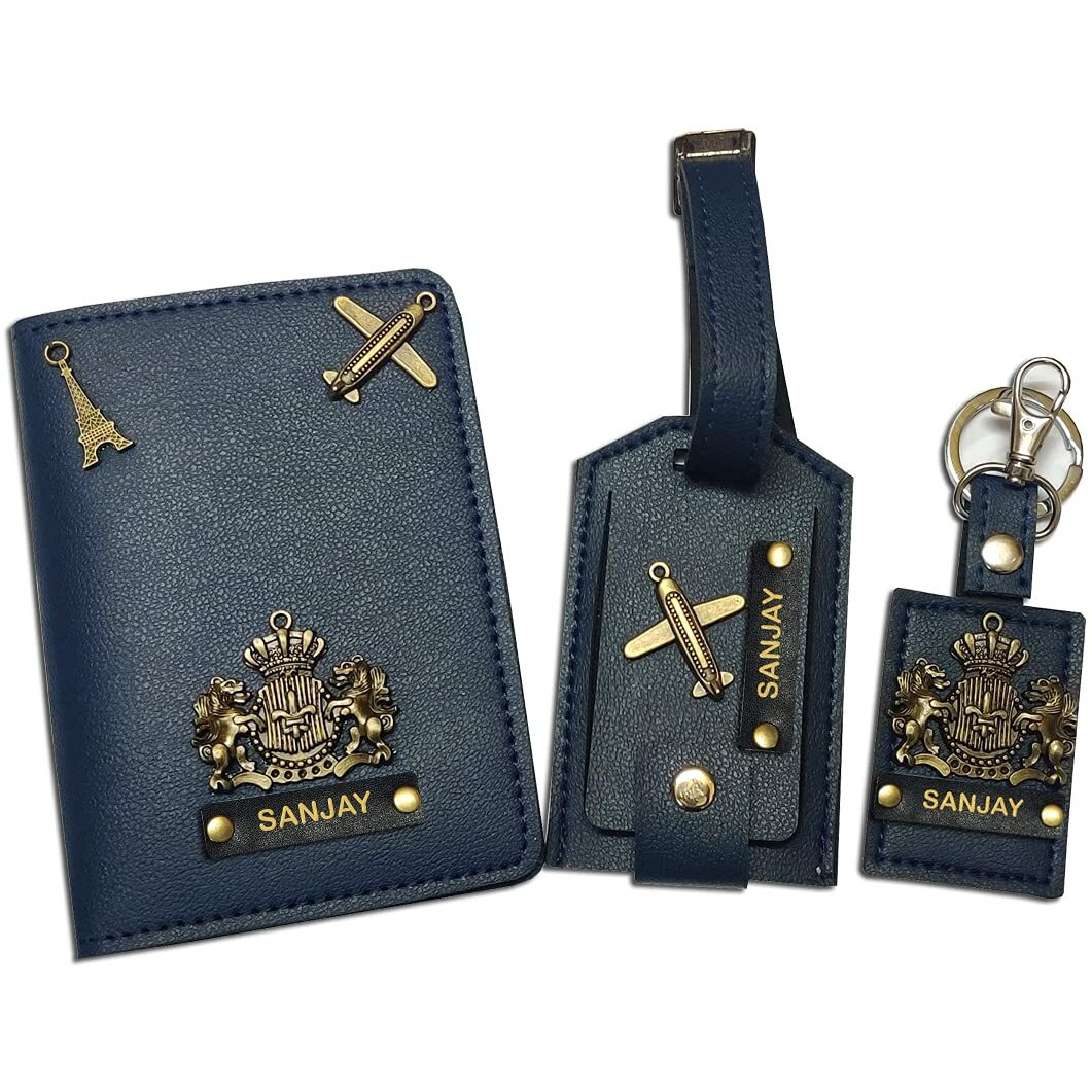 Giftsclub Unisex Polyurethane Passport Cover, Luggage Tags and Keychain Combo - Navy Blue