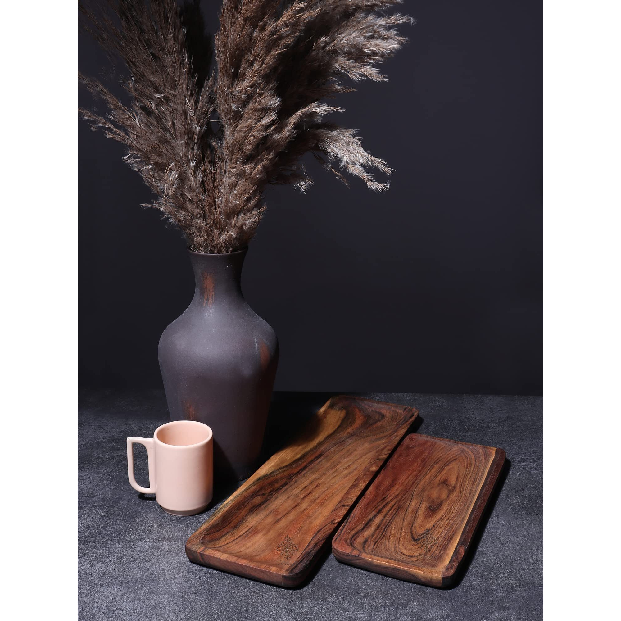 SAAGA Premium Handmade Acacia Wooden Serving Tray/Platter Brown/Chopping Board, Serving Tray for Pizza, Snacks & Dishes (12 x 5In) and (17 x 5In)