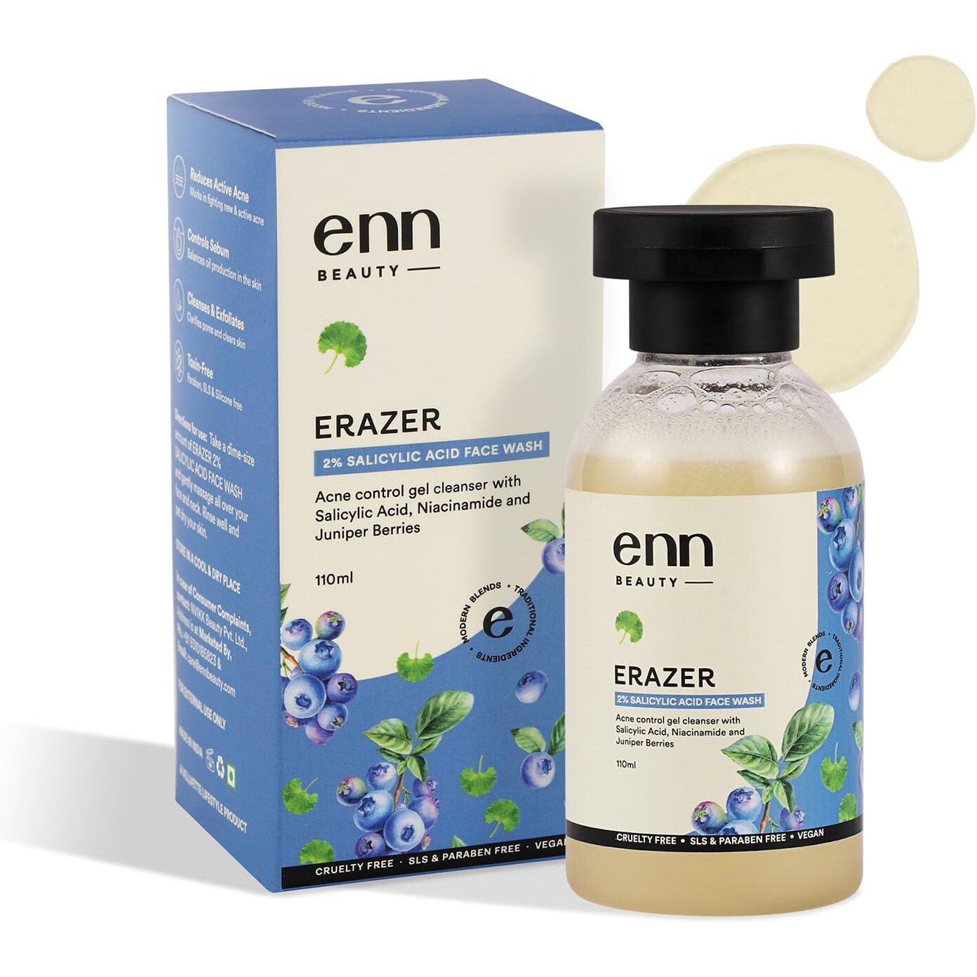 Enn Beauty Erazer 2% Salicylic Acid Face Wash for Oily Skin, Infused with Niacinamide Prevents Acne, Pimples & Remove Excess Oil, Sulphate & Parabean Free, All Skin Type - 110ml