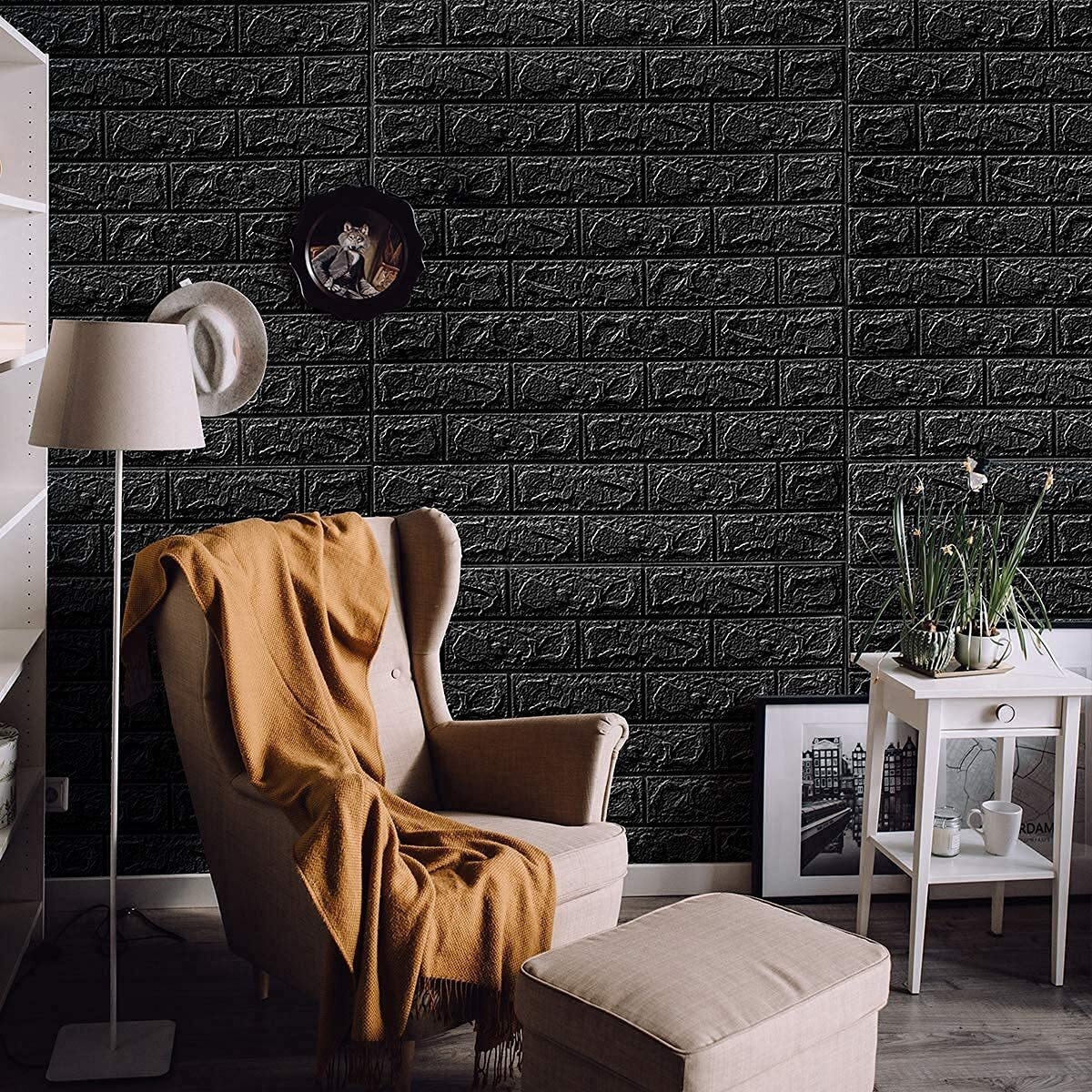 ThatDAY 3D Foam Wallpaper Wall Panels Brick Self-Adhesive Waterproof PE Foam, Ceiling Wallpaper for Bedroom Furniture, 57.5 Sq.Ft Peel and Stick 3D Brick - 70 x 70 cm (20, Black)