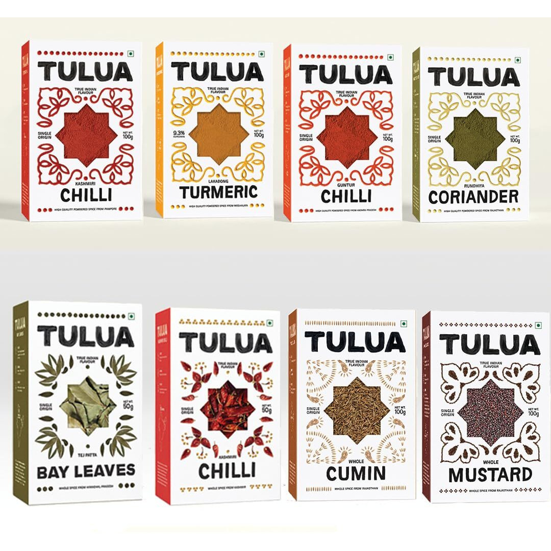 Tulua Natural & Organic All Spices Combo Pack of 8-700gm | Lakadong Turmeric, Guntur Chilli, Kashmiri Chilli, Coriander Powders | Cumin Seed, Bay Leaf, Black Mustard, Kashmiri Chilli Whole Spices