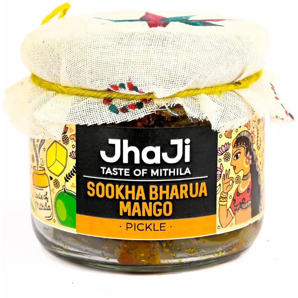 Jhaji Store's Dry Stuffed Mango Pickle | Bihari-Style Aam Ka Sukha Bharua Achar | Little Oil & More Salt | Tangy, Spicy, Sour, and Salty | Dark Brown Mango Pickle | Long Sized Mango Pieces | Bihari-Style Homemade Pickle, 250g