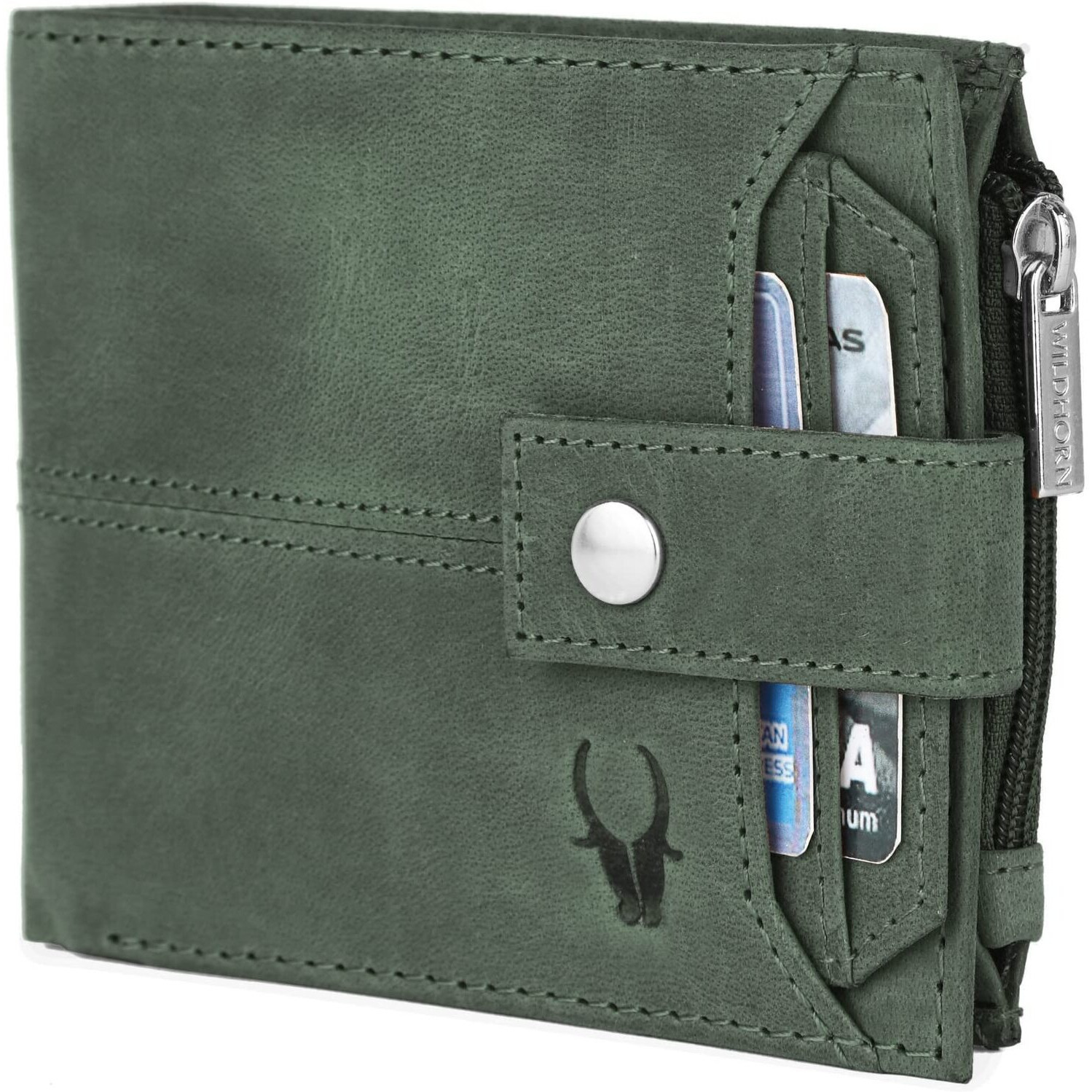 WildHorn Leather Wallet for Men | Ultra Strong Stitching | Handcrafted | Zip Wallet with 9 Card Slots | 2 ID Slots (Green Hunter)