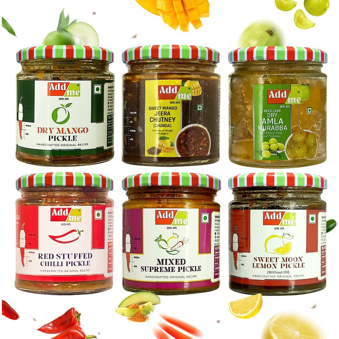 Add me combo pickle box gift pack 6 in 1 dry mango achar 150gm + mixed pickles 200gm + amla murabba 200gm + lsweet emon pickle 200gm + hari mirchi ka achar 200gm + sweet mango jeera chutney 200gm glass jar