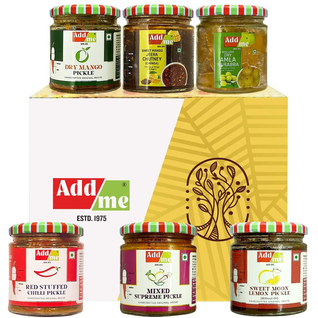 Add me combo pickle box gift pack 6 in 1 dry mango achar 150gm + mixed pickles 200gm + amla murabba 200gm + lsweet emon pickle 200gm + hari mirchi ka achar 200gm + sweet mango jeera chutney 200gm glass jar