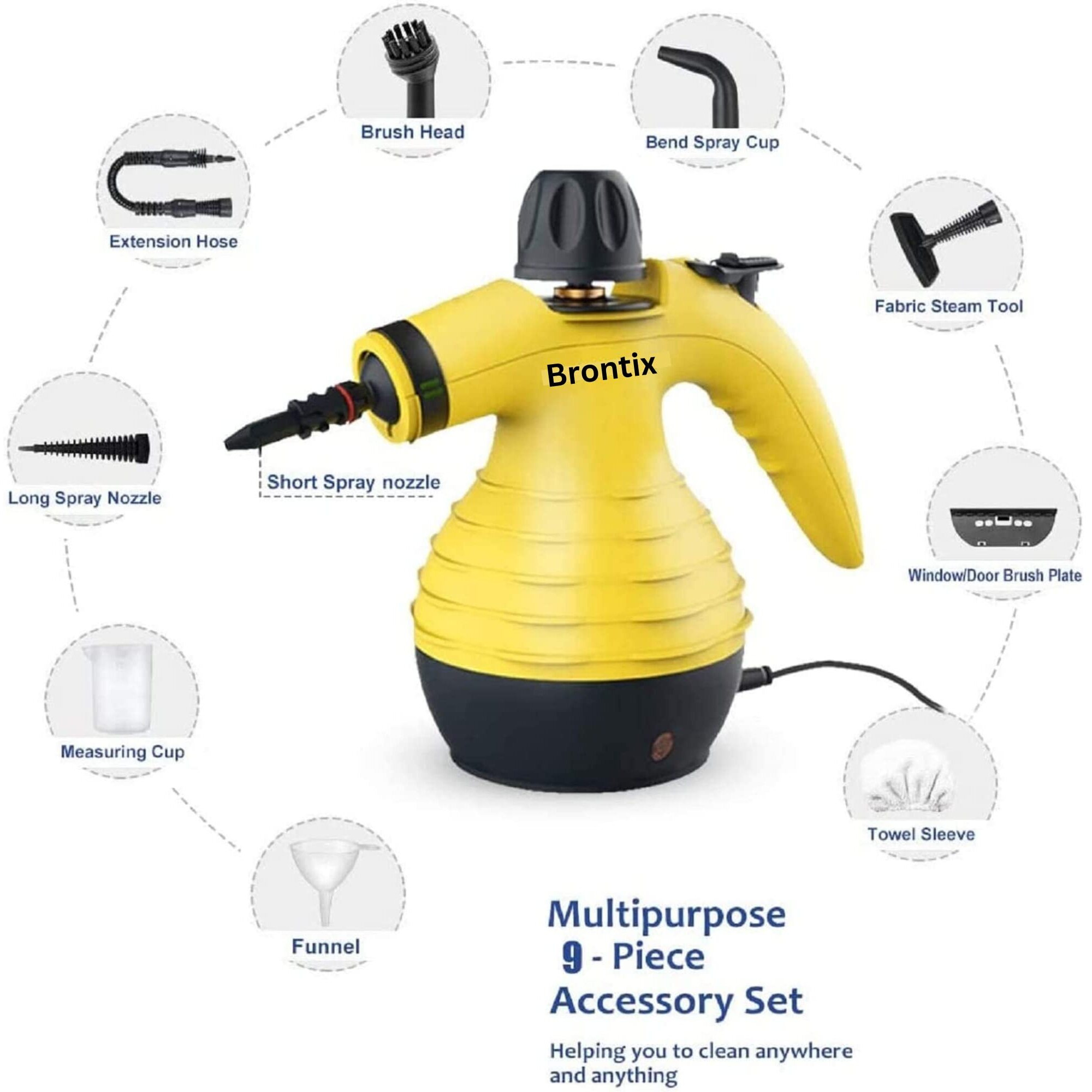 BRONTIX - Multi-Purpose | steam cleaner for home cleaning | Cleaner for kitchen accessories items, car interior cleaner machine, smart smart gadgets for home. (Yellow)