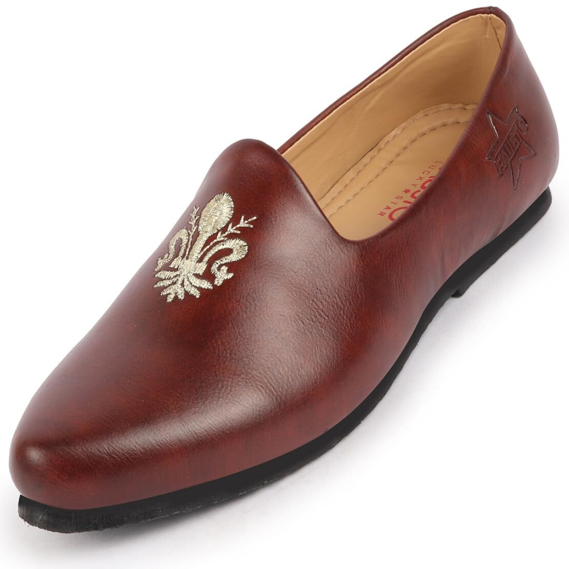 FAUSTO Men's Ethnic Embroidery Juttis and Mojari for Wedding|Party|Occasions|Fashion|Outdoor|Indoor|Lightweight|Shoes with TPR Sole (6-13UK) (Cherry, 2)