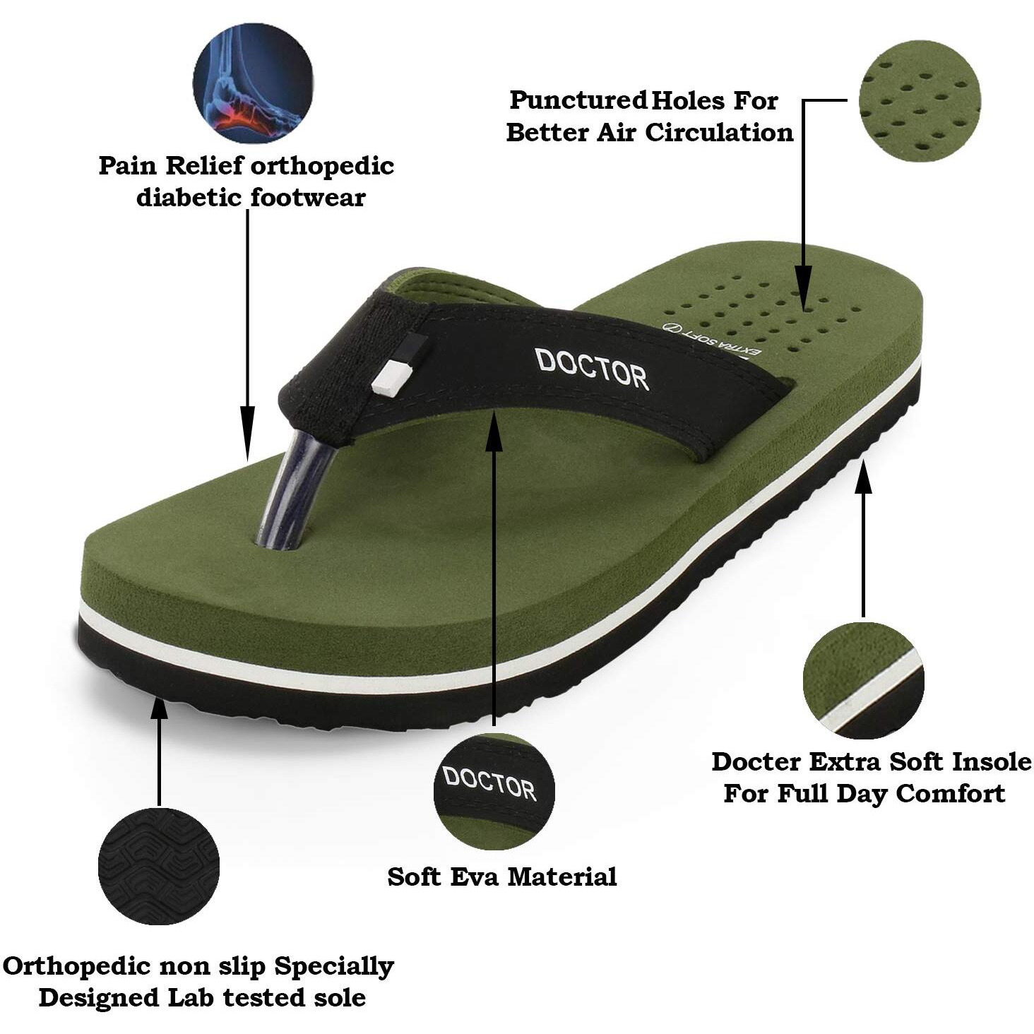 DOCTOR EXTRA SOFT Slipper Care Orthopaedic and Diabetic Comfort Doctor Slipper, Dr. Slipper, Flip-Flop, Slides and House Slipper for Men's D-24-Olive-8 UK