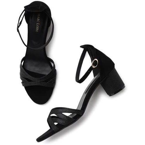 Marc Loire Women's Shimmery & Glittery Block Heels Fashion Sandals (Black, numeric_6)
