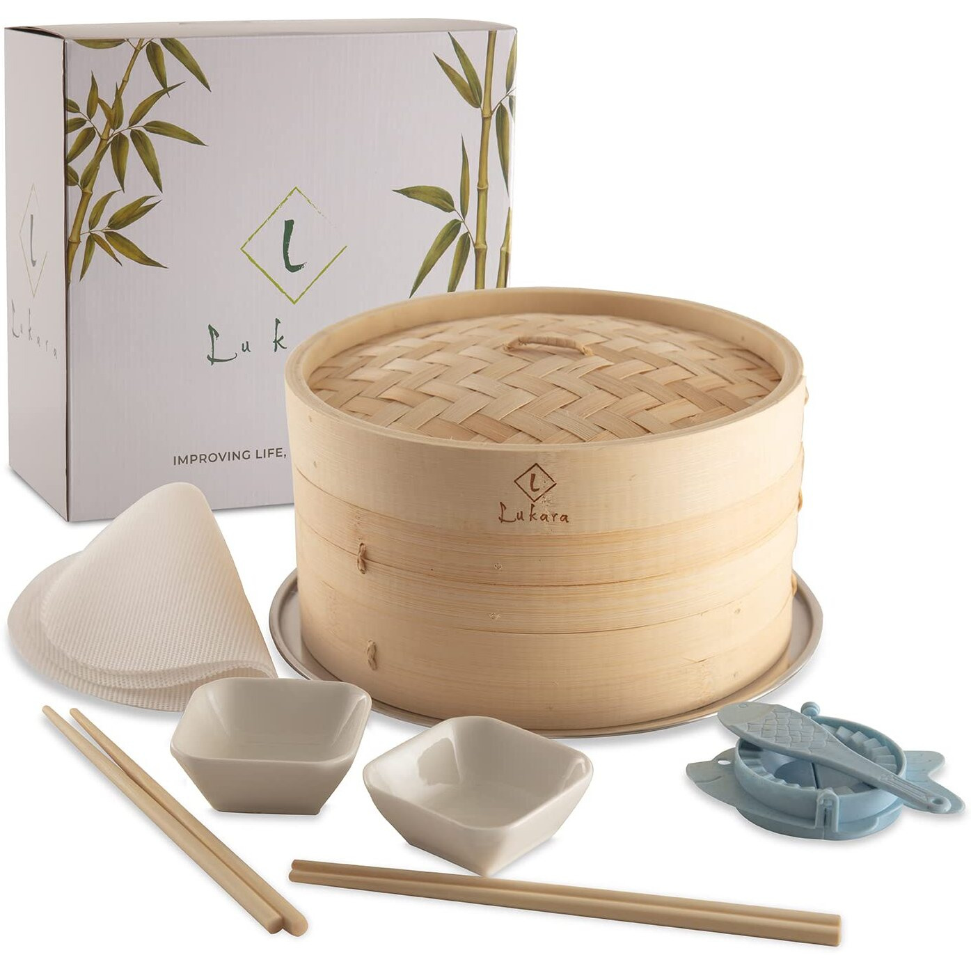 LUKARA Bamboo Steamer  Dumpling Steamer with Accessories  10 Inch Bamboo Steamer Basket with Silicone Liners, Recipe Book, Chopsticks, Sauce Ramekins  Eco-Friendly and Durable Gift Set