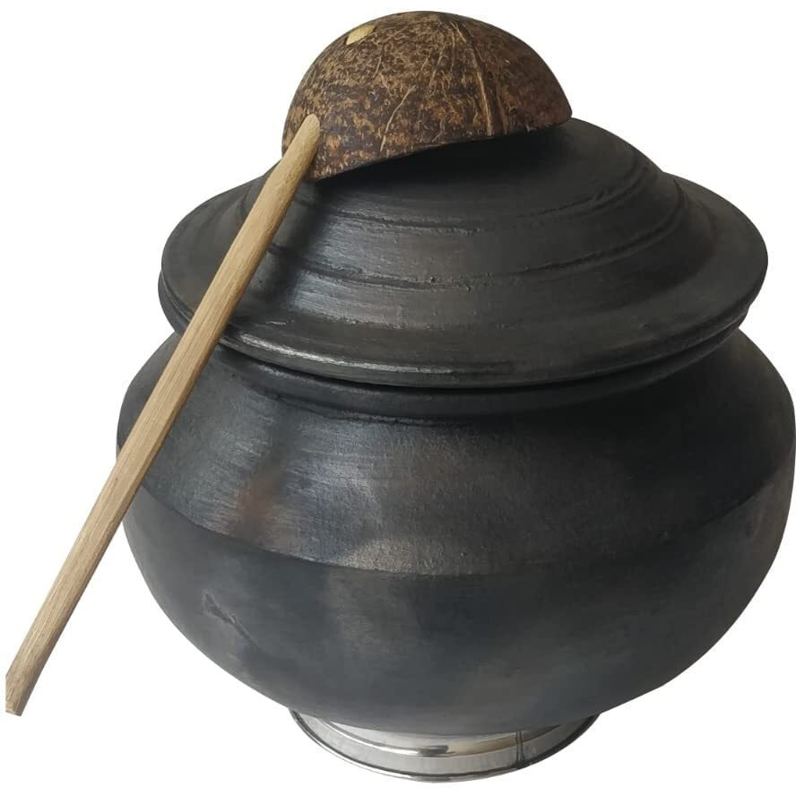 Beverlion LPG and Microwave Pre Seasoned Clay Kalam Pot Handi/Earthen Pot for Cooking Pot with Lid, Steel Ring &Coconut Shell Spatula - 4 Litter
