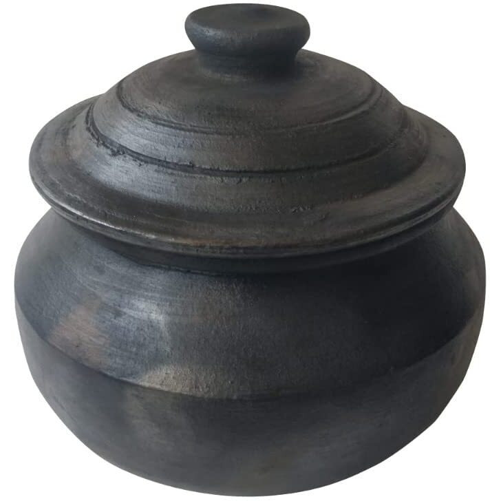 Beverlion LPG and Microwave Pre Seasoned Clay Kalam Pot Handi/Earthen Pot for Cooking Pot with Lid, Steel Ring &Coconut Shell Spatula - 4 Litter