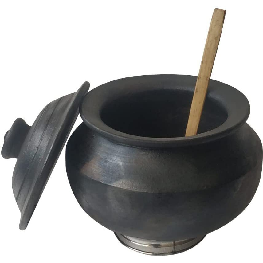 Beverlion LPG and Microwave Pre Seasoned Clay Kalam Pot Handi/Earthen Pot for Cooking Pot with Lid, Steel Ring &Coconut Shell Spatula - 4 Litter